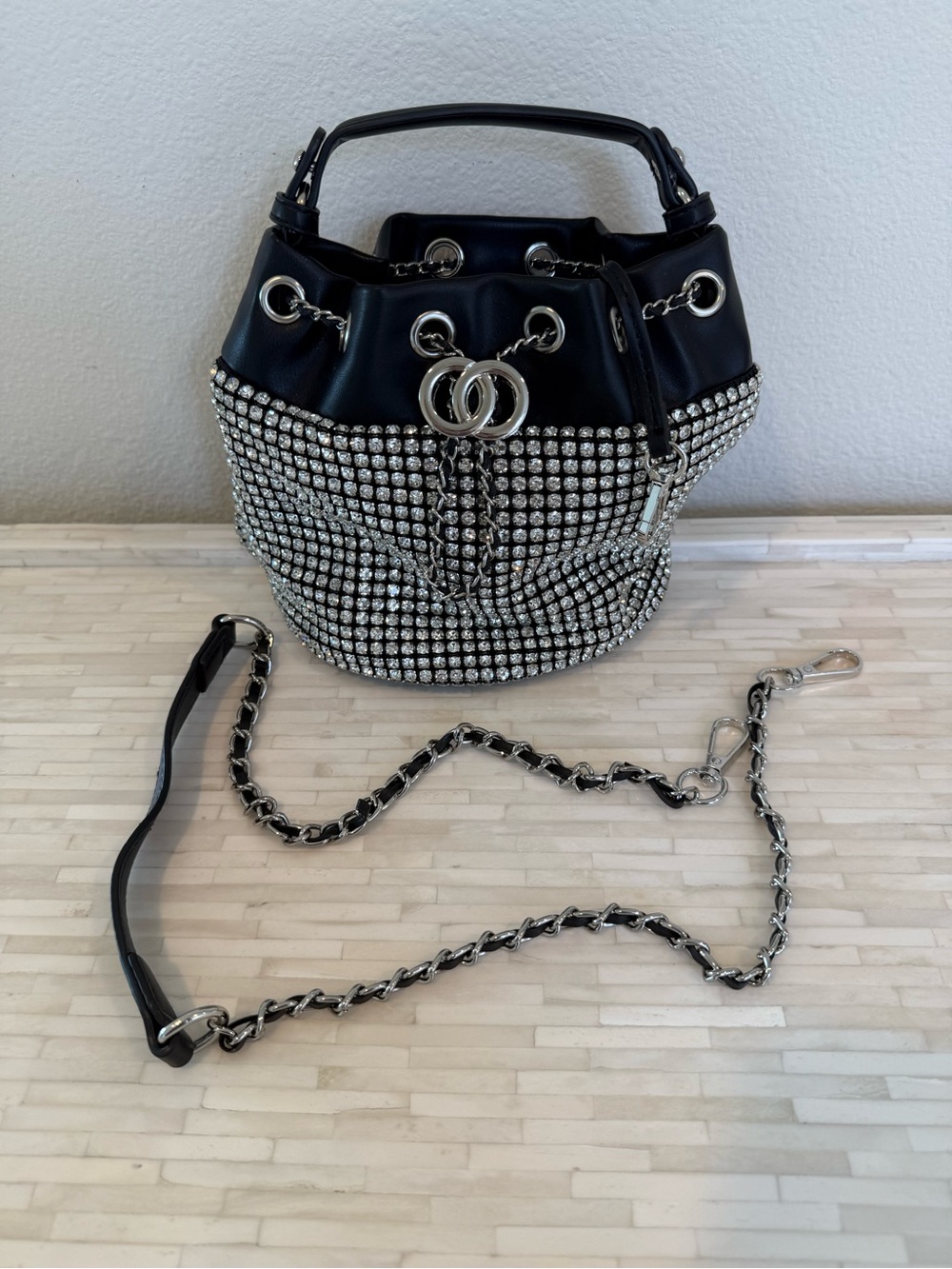 Black Rhinestone-Embellished Drawstring Bucket Bag - Picture 3 of 3